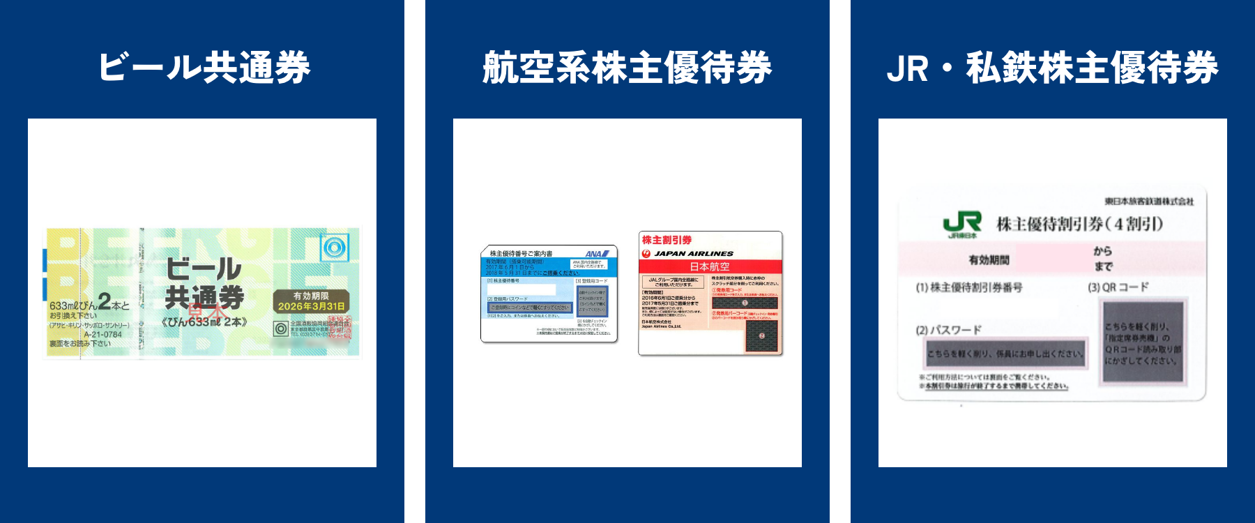 左:ビール共通券、中:航空系株主優待券、右:JR・私鉄株主優待権